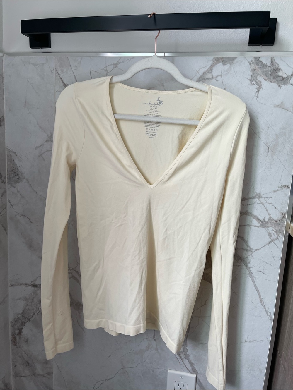 Free People Cream V-Neck Long Sleeve Top